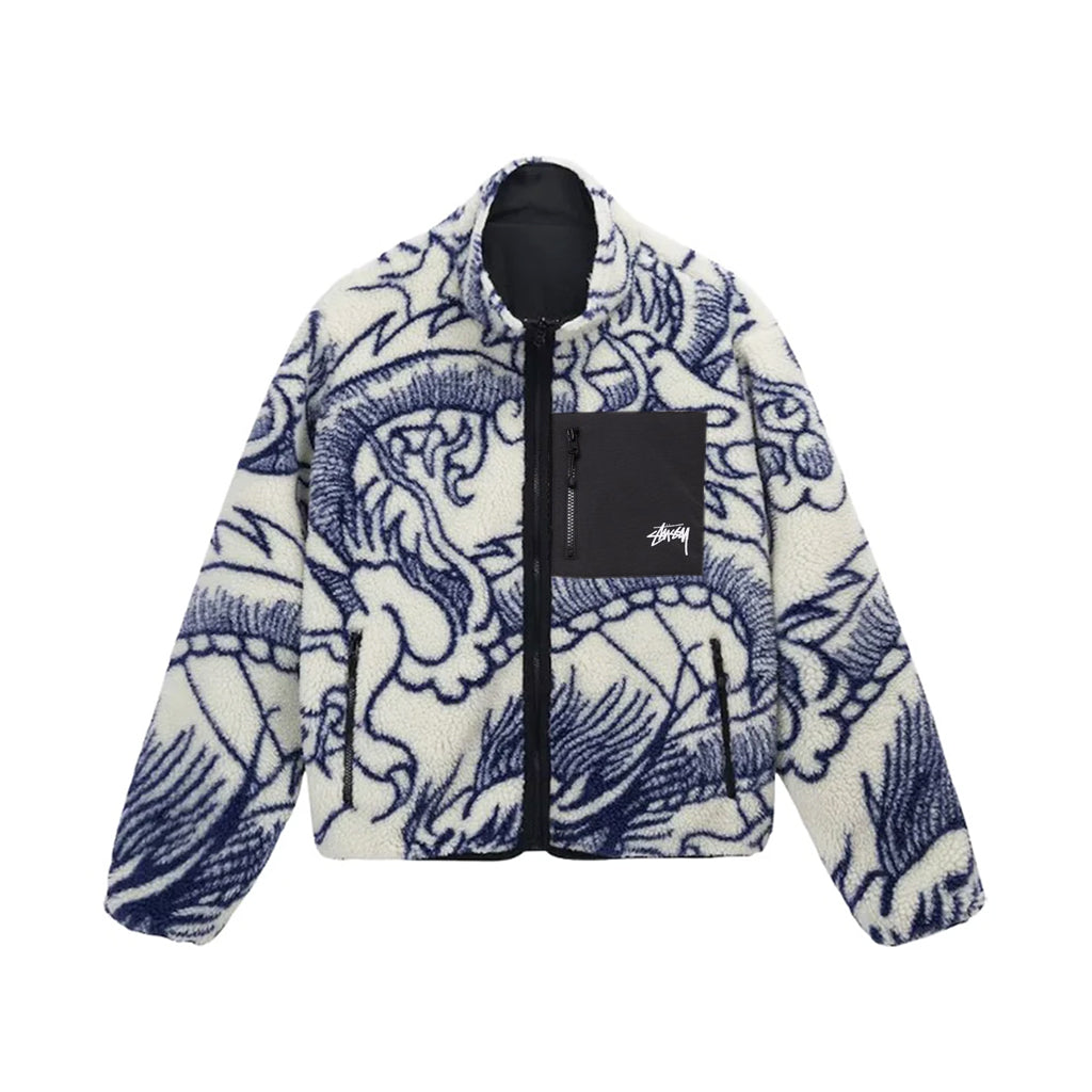 Stussy Reversible Dragon Sherpa Jacket – Natural/ Blue | Australia New Zealand FRONT