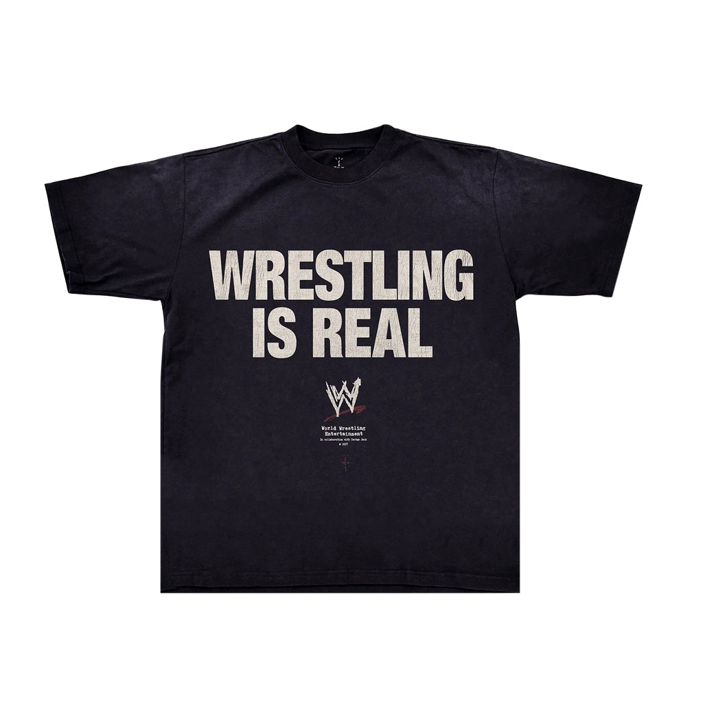 Travis Scott x WWE Wrestling Is Real Tee - Washed Black FRONT | Australia New Zealand